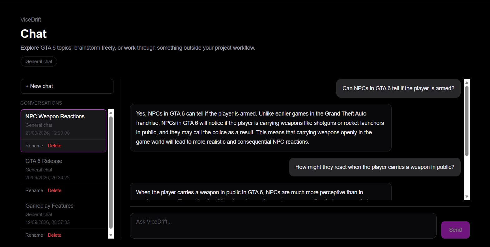 ViceDrift chat answering whether GTA 6 NPCs can tell when a player is armed, with saved conversations visible
