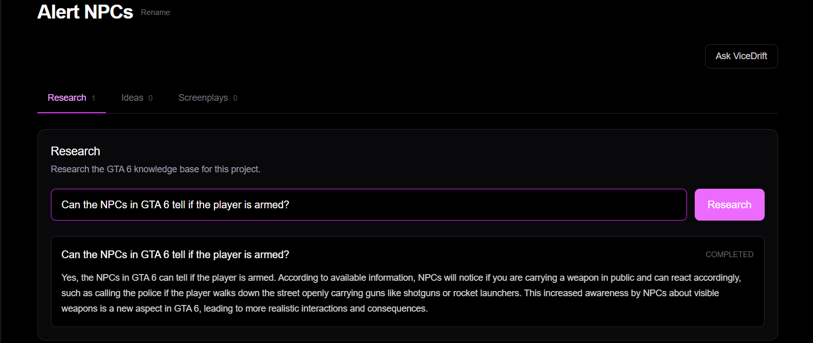 ViceDrift Research view answering a question about how GTA 6 NPCs react to armed players