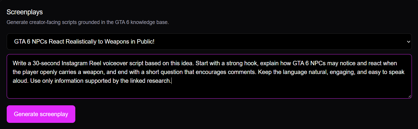 Screenplay generator using a selected idea and a 30-second Instagram Reel prompt